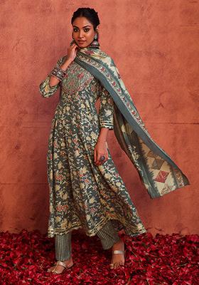 Grey Floral Print Muslin Anarkali Kurta With Pants And Dupatta (Set of 3)
