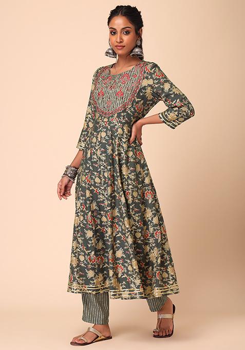 Women's Green Muslin Digital Print Anarkali Kurta Pant With Dupatta