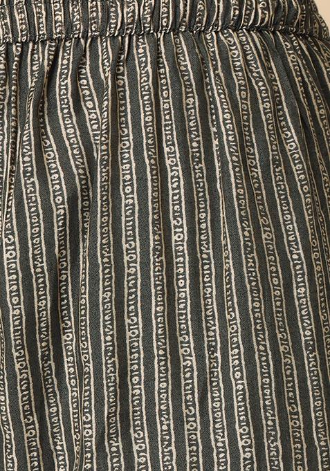 Blue Printed Anarkali Muslin Shoulder Stripe Kurta Trouser with Dupatta Set