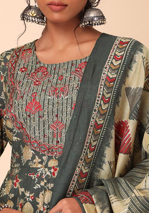 Women's Multi Muslin Embroidered Anarkali Kurta Pant With Dupatta