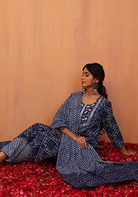 Navy Blue Bandhani Print Cotton Kurta With Pants And Dupatta (Set of 3)