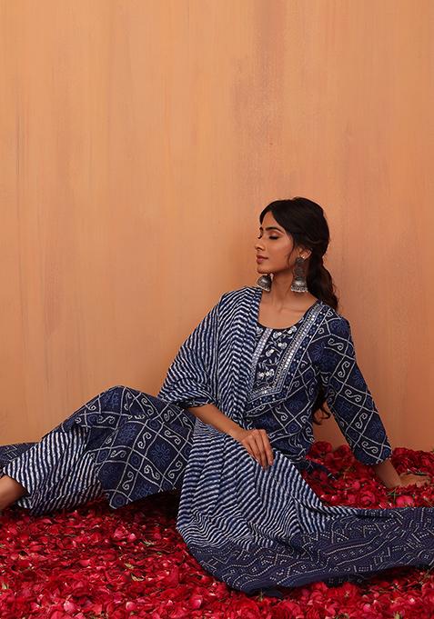 Buy Women Navy Blue Bandhani Print Cotton Kurta With Pants And Dupatta Set Of 3 Feed Kurta 3132