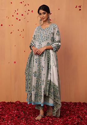 Grey Floral Print Anarkali Kurta With Pants And Dupatta (Set of 3)