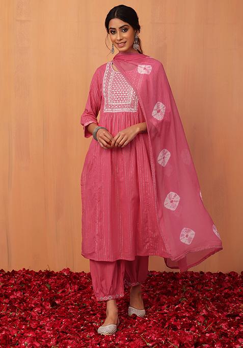 Hot Pink Embroidered Cotton Kurta With Pants And Dupatta (Set of 3)