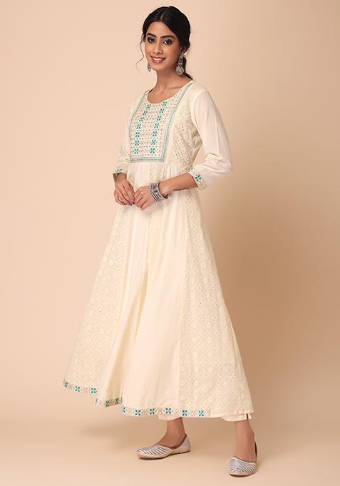 Girls White Schiffli kurta With Flared Sharara And Dupatta