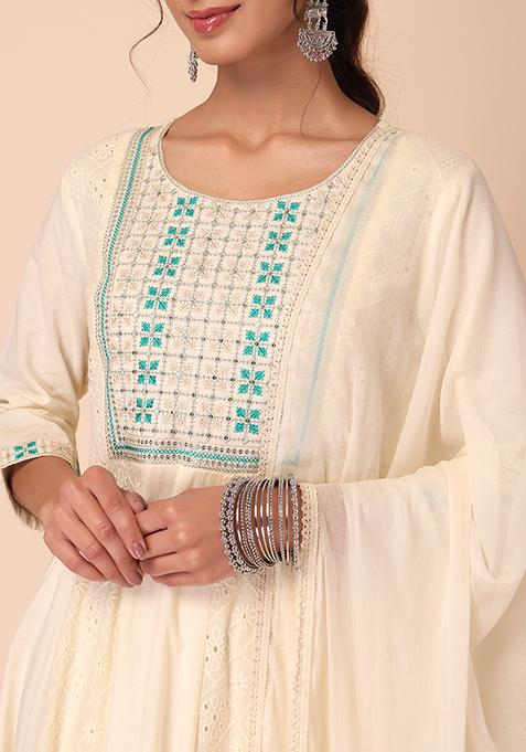 Girls White Schiffli kurta With Flared Sharara And Dupatta