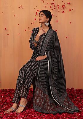 Black Boota Print Cotton Kurta With Pants And Dupatta (Set of 3)
