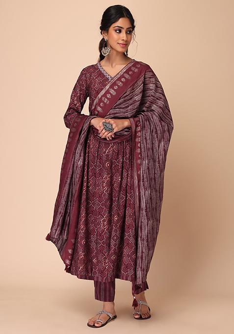 Women Maroon Printed Off Shoulder Half Sleeve Cotton Anarkali Kurta