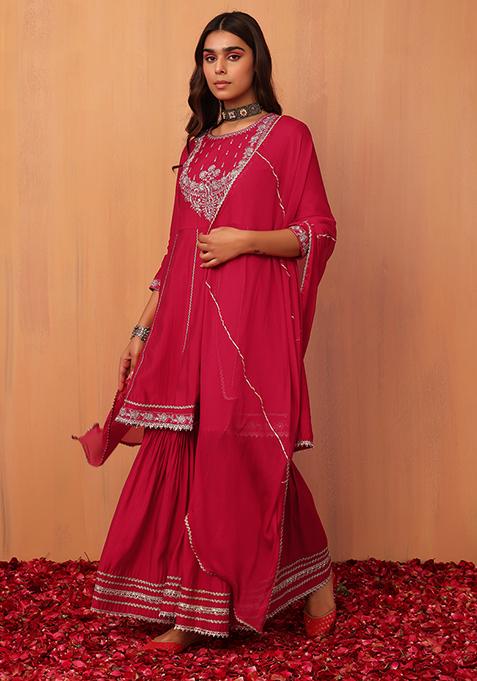 Red Muslin Embellished Sharara With Anarkali Kurta And Dupatta (Set of 3)