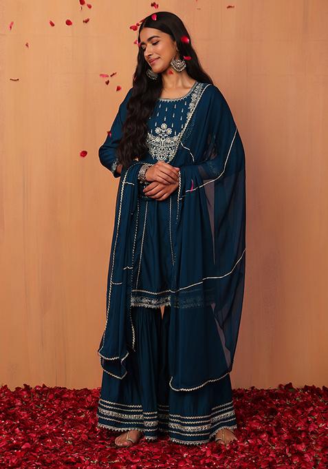 Blue Muslin Embellished Sharara With Anarkali Kurta And Dupatta (Set of 3)