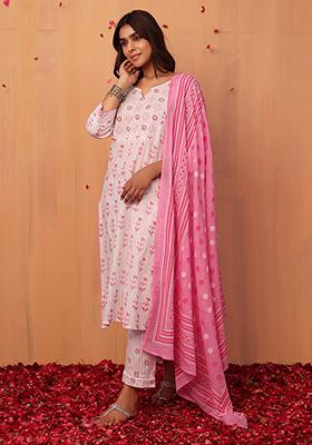 White Printed Cotton Kurta With Pants And Dupatta (Set of 3)