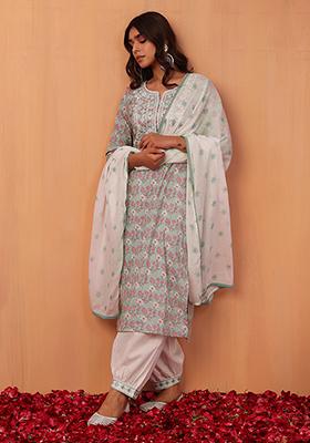 Light Green Printed Cotton Kurta With Pants And Dupatta (Set of 3)