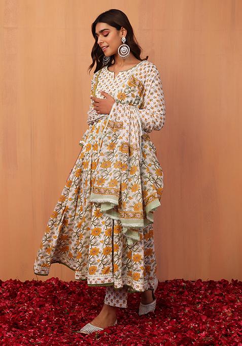 Buy Women White Floral Print Cotton Anarkali Kurta With Pants And