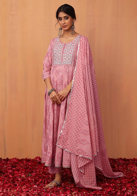 Pastel Pink Printed Cotton Anarkali Kurta With Pants And Dupatta (Set of 3)