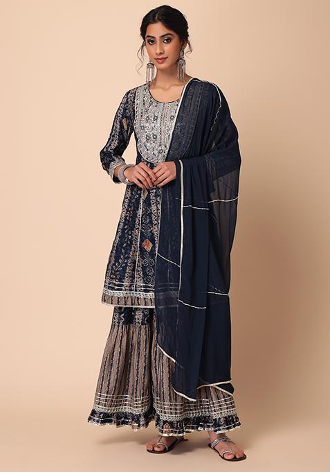 Mustard Bandhani Printd V-Neck Kurti Sharara With Inner Crop Top Indo Western Women 3 Piece Set