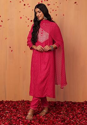 Dark Pink Foil Print Rayon Kurta And Pants (Set of 3)