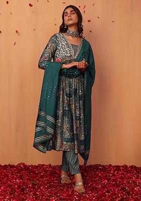 Teal Blue Foil Print Muslin Kurta With Pants And Dupatta (Set of 3)