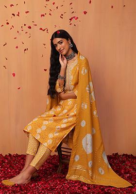 Mustard Yellow Bandhani Print Muslin Kurta With Pants And Dupatta (Set of 3)