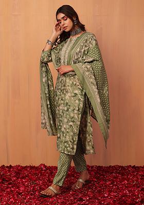 Light Green Printed Muslin Kurta With Pants And Dupatta (Set of 3)
