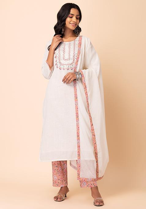 Off white cotton straight long kurta set with all-over Yellow & Green coloured small floral hand block print.