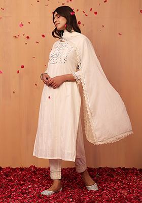 White Cotton Straight Kurta With Pants And Dupatta (Set of 3)