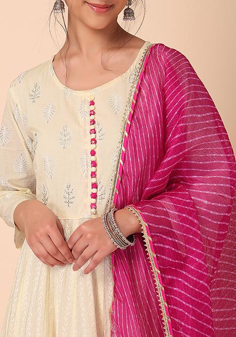 Women's Orange Roman Silk Foil Print Anarkali Kurta With Dupatta