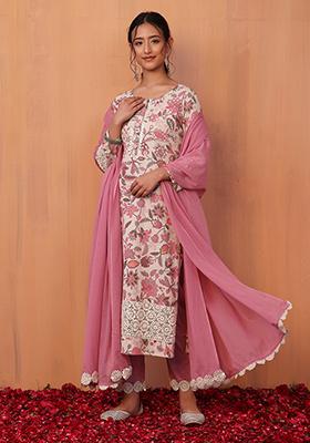 White And Pink Floral Print Cotton Kurta With Pants And Dupatta (Set of 3)