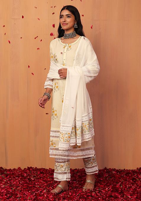 White And Yellow Printed Cotton Kurta With Pants And Dupatta (Set of 3)
