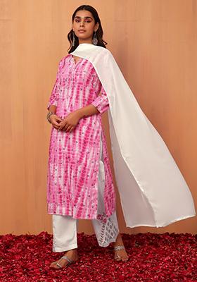 Pink Tie Dye Cotton Kurta With White Pants And Dupatta (Set of 3)