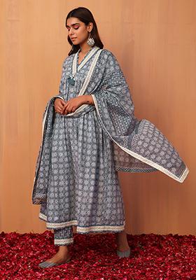 Grey Printed Gathered Cotton Kurta With Pants And Dupatta (Set of 3)
