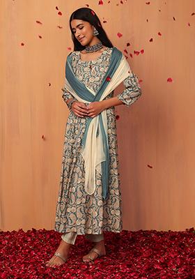 Blue Printed Cotton Anarkali Kurta With Pants And Dupatta (Set of 3)