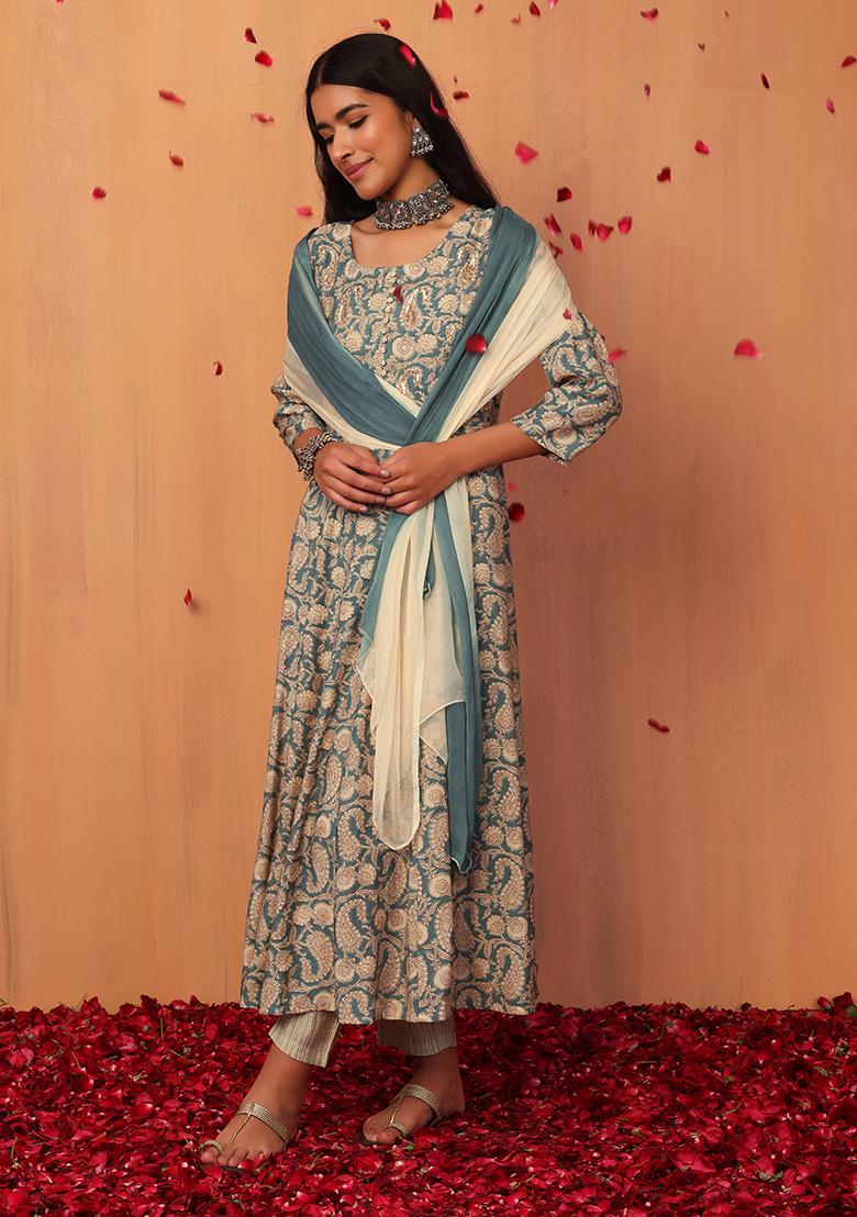 Blue Printed 3/4 Sleeve Cotton Anarkali Kurta