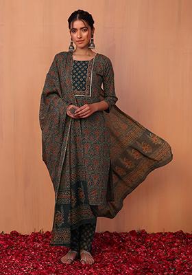 Grey Floral Jaal Print Straight Kurta With Pants And Dupatta (Set of 3)