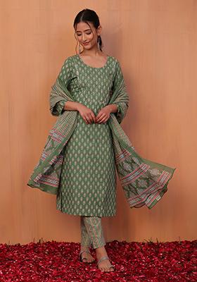 Green Abstract Print Cotton Kurta With Pants And Dupatta (Set of 3)