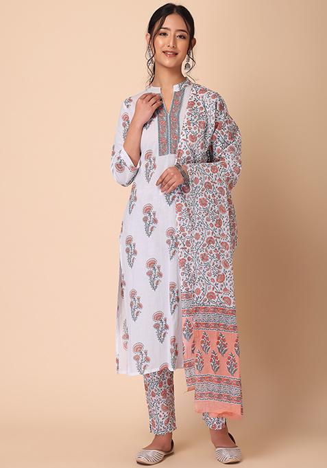 Peach Floral Print Cotton Straight fit Kurta Set