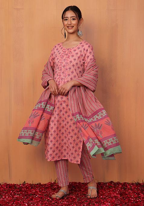 Peach All-Over Boota Print Cotton Kurta With Printed Pants And Dupatta (Set of 3)