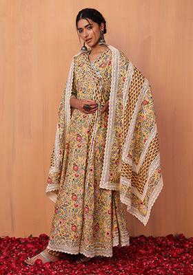 Beige Floral Print Gota Detailed Angrakha Kurta With Pants And Dupatta (Set of 3)