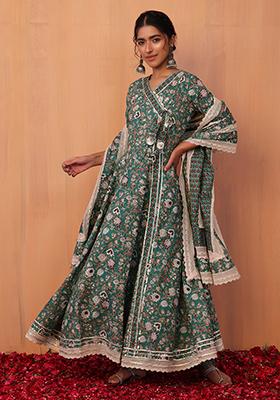 Turquoise Floral Print Gota Detailed Angrakha Kurta With Pants And Dupatta (Set of 3)