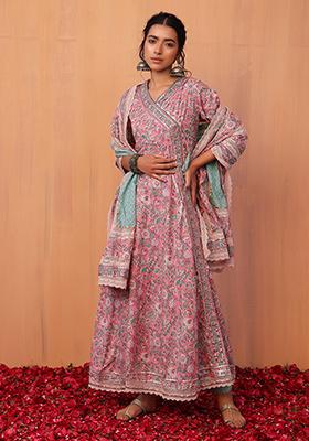 Pastel Pink Floral Print Gota Detailed Angrakha Kurta With Pants And Dupatta (Set of 3)