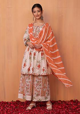 Orange Floral Print Cotton Kurta With Palazzo Pants And Chiffon Dupatta (Set of 3)