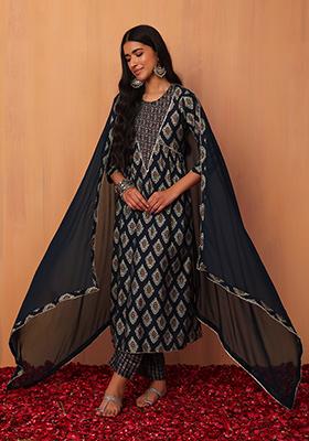 Navy Blue Printed Mirror Embroidered A-Line Kurta With Pants And Dupatta (Set of 3)
