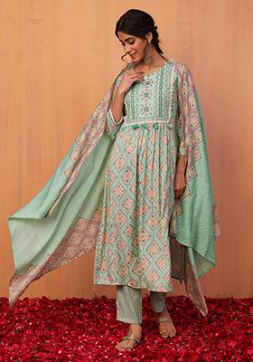 Light Blue Geometrical Print Rayon Kurta With Pants And Dupatta (Set of 3)