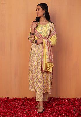Yellow Geometrical Print Rayon Kurta With Pants And Dupatta (Set of 3)