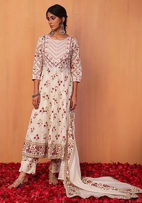 Ivory And Pink Floral Print Cotton Anarkali Kurta With Pants And Dupatta (Set of 3)