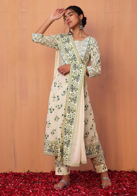 Ivory And Green Floral Print Cotton Anarkali Kurta With Pants And Dupatta (Set of 3)
