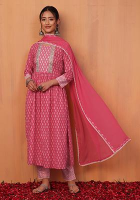 Pink Paisley Print Zari Embroidered Cotton Kurta With Pants And Dupatta (Set of 3)