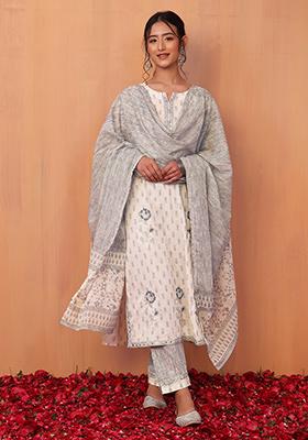 Ivory And Grey Boota Foil Print Cotton Kurta With Pants And Dupatta (Set of 3)