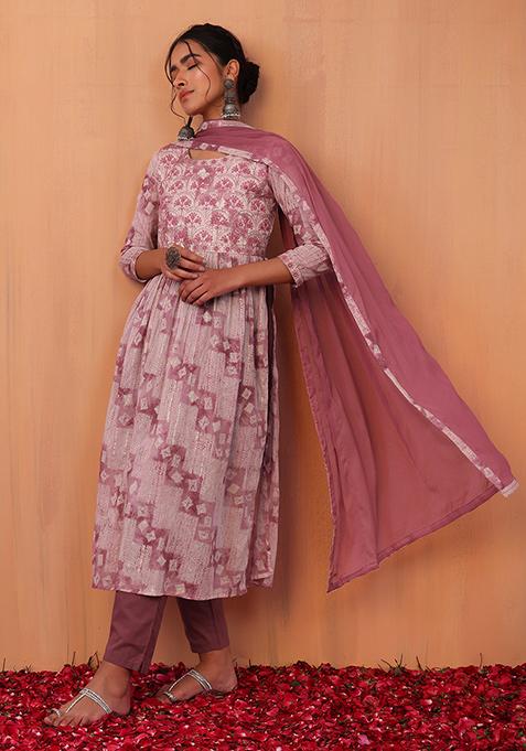 Pink Batik Print Muslin Kurta With Pants And Chiffon Dupatta (Set of 3)