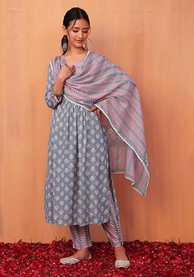 Grey Ikat Print Cotton Kurta With Pants And Dupatta (Set of 3)