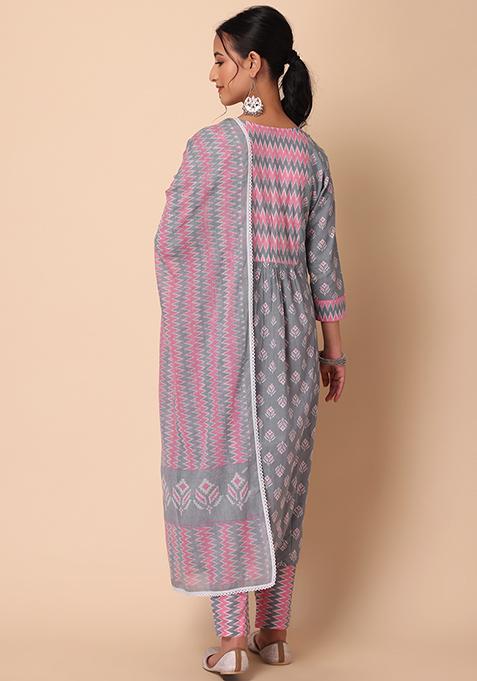 Urban Ikat Elegance  Stylish Grey And Black Combination Ikat Kurti (Optional Pants)